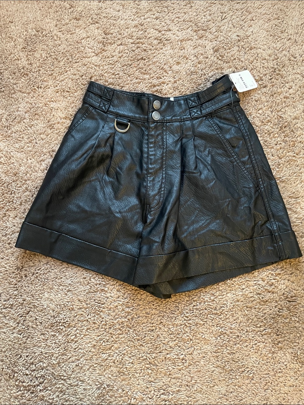 Free People Black High-Waist Faux Leather Shorts with D-Ring